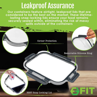 FIT Strong & Healthy 2 and 3 Compartment Glass Meal Prep Containers – Glass Bento Box for Adults, Portion Control, Food Storage, Lunch Container, Oven & Freezer Safe, Leak-Proof, 32 oz, Gray, 4 Pack