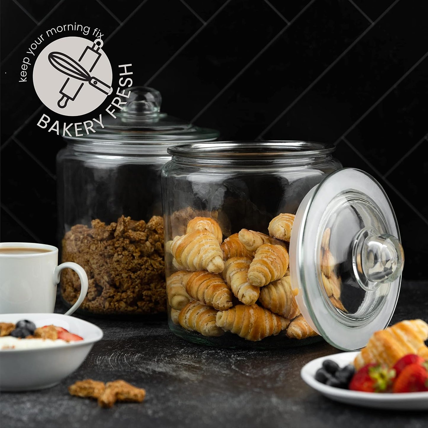 1 Gallon Glass Cookie Jar with Lid – Glass Jar with Lid - Airtight Food Storage Container for Cookies, Candy, Flour, Dog Treats – Clear Large Kitchen Jar for Pantry - Glass Containers with Lids