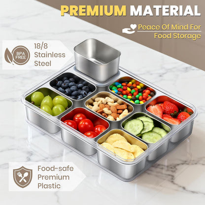 Snackle Box Container, Stainless Steel Snack Containers for Adults, 9 Compartments Divided Serving Tray with Lids and Handle, Portable Snack Platter for Parties, Grey
