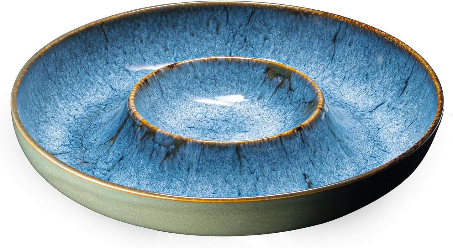 Ceramic Chips and Dip Serving Tray - Large Divided Party Bowl Set for Salsa, Veggies, Fruit & Snacks - Modern Minimalist Appetizer Platter with Unique Kiln-Change Glaze (Verdigris Green)