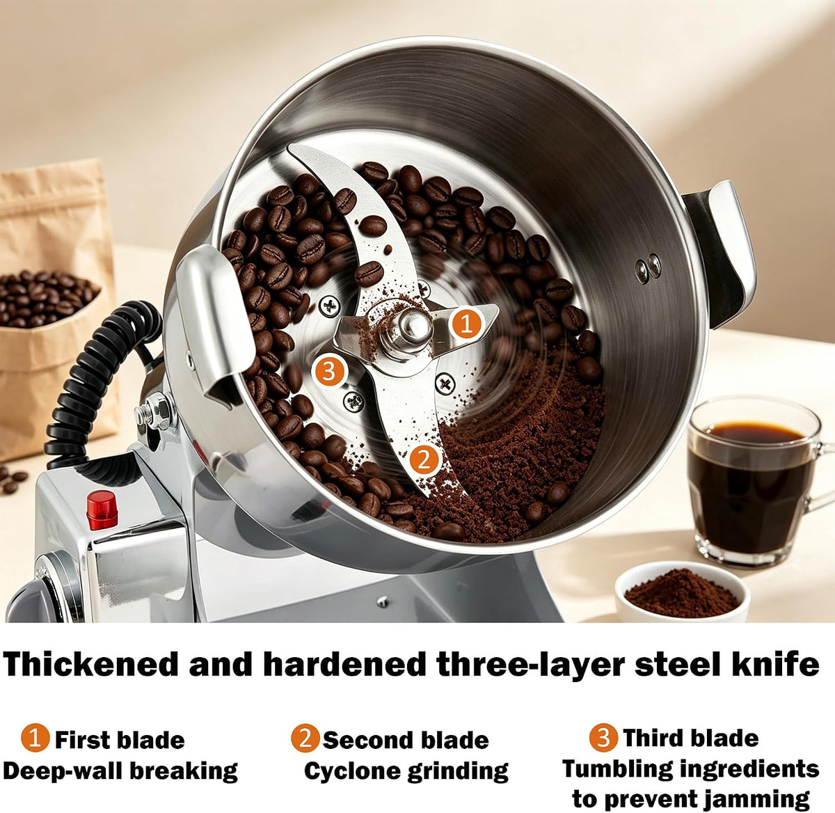BI-DTOOL Electric Grain Mill Grinder 2000W Dry Material Grinding Machine 800g Stainless Steel Pulverizer 36000r/min High-speed Grain Mill 270° swingable Superfine powder for Home and Commercial 800g