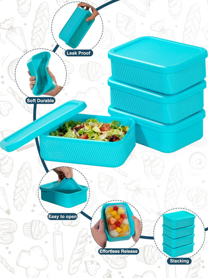 4 PCS 3.5 Cup Silicone Freezer Trays with Lid, Durable Silicone Soup Freezer Molds for Meal Prep and Food Storage, Reusable Freezer Containers for Soups Sauces Stews Curries (Lake Blue)