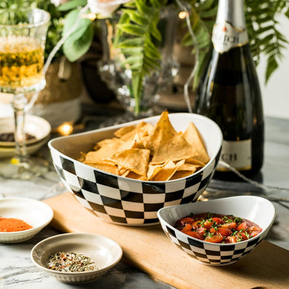 Miamolo Porcelain Serving Bowl Set for Appetizer Serving Dishes Set with 2 Compartment, Chip and Dip Taco Rack Display Salad Bar Serving Set, Gold Stand