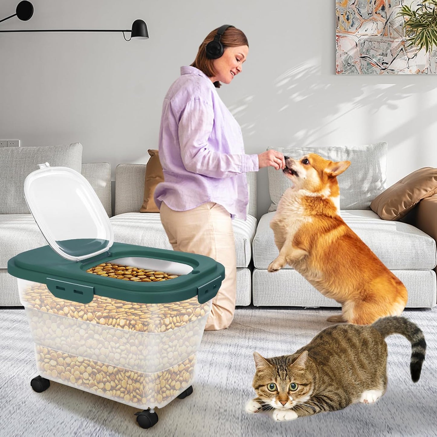 Dog Food Container, Collapsible Pet Food Storage Container 17-20 lb with Rolling Wheels & Airtight Lid, Plastic Storage Bin With Dog Food Scoop and Measuaring Cups