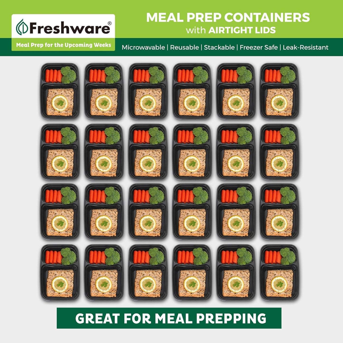 Freshware Meal Prep Containers [50 Pack] 2 Compartment with Lids, Food Storage Containers, Bento Box, BPA Free, Stackable, Microwave/Dishwasher/Freezer Safe (28 oz)