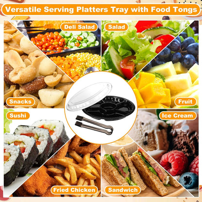 Rtteri 24 Pack 12.4 Inch Plastic Appetizer Trays with Lids and 8 Pack 6.3'' Black Serving Tongs 6 Sectional Round Plastic Serving Tray Disposable Compartment Platter for Party Fruit Snack Veggie