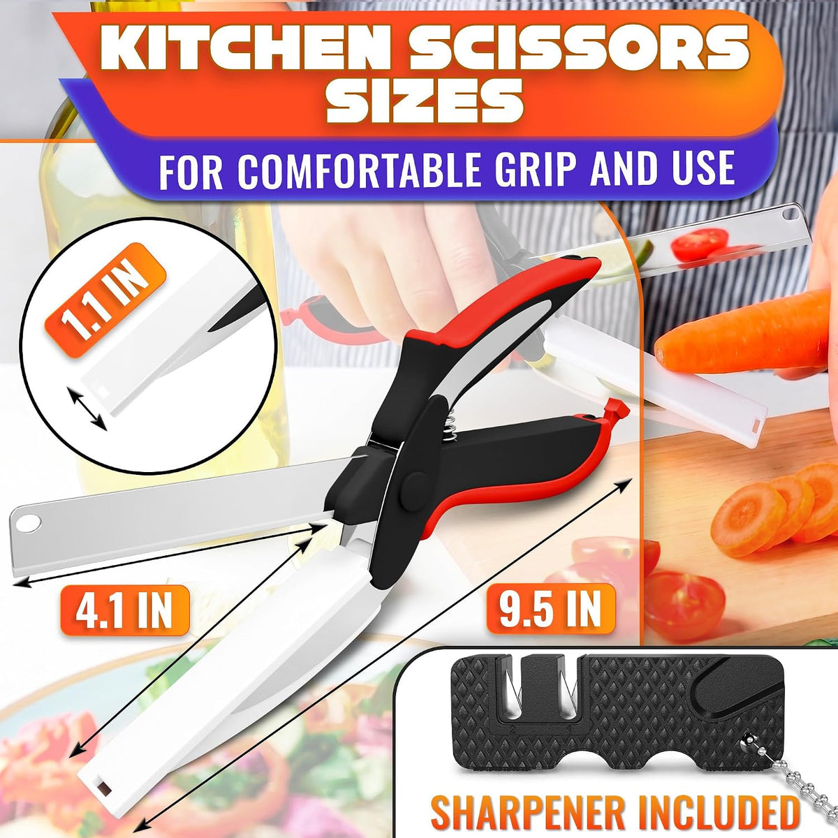 2 in 1 Kitchen Scissors for Food with Knife Sharpener (Grey)
