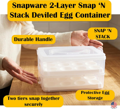 Snapware 2-Layer Snap N Stack Deviled Egg Container with Handle | Stackable Egg Carrier for Parties, Potlucks, Picnics & Holidays | Secure Latching Lid for Easy Transport & Storage – Made in USA