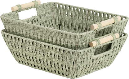 StorageWorks Hand-Woven Storage Baskets with Wooden Handles, Water Hyacinth Wicker Baskets for Organizing, 2 Pack