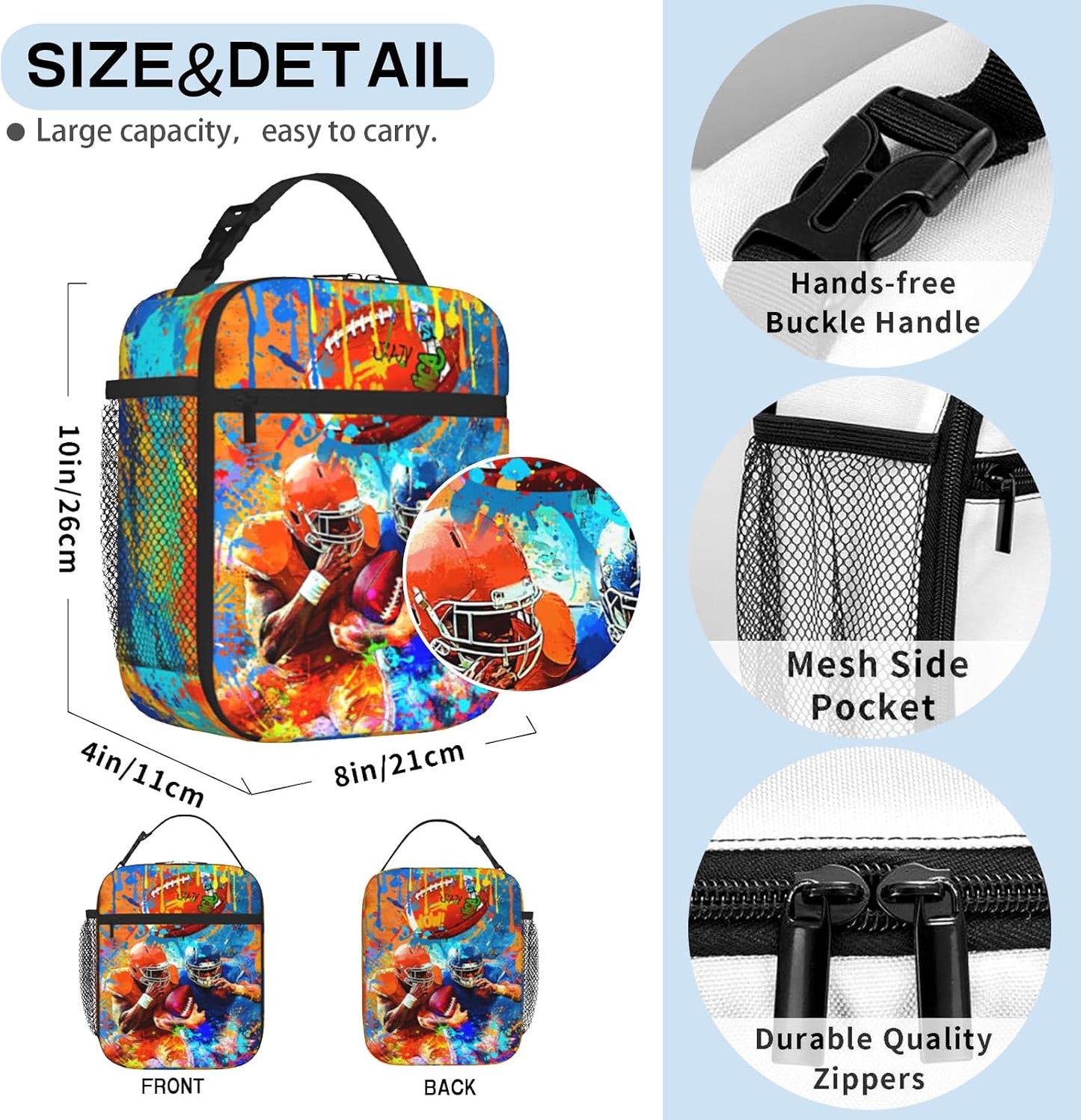 Boys Lunch Box for School Insulated Football Lunch Bag for Kid Boys Girls Teen Bento Boxes to School Office Picnic Travel Hiking Lunchbag Waterproof Leakproof with Adjustable Shoulder Strap