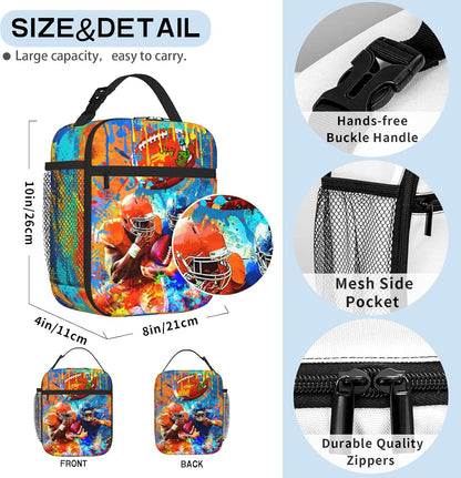 Boys Lunch Box for School Insulated Football Lunch Bag for Kid Boys Girls Teen Bento Boxes to School Office Picnic Travel Hiking Lunchbag Waterproof Leakproof with Adjustable Shoulder Strap