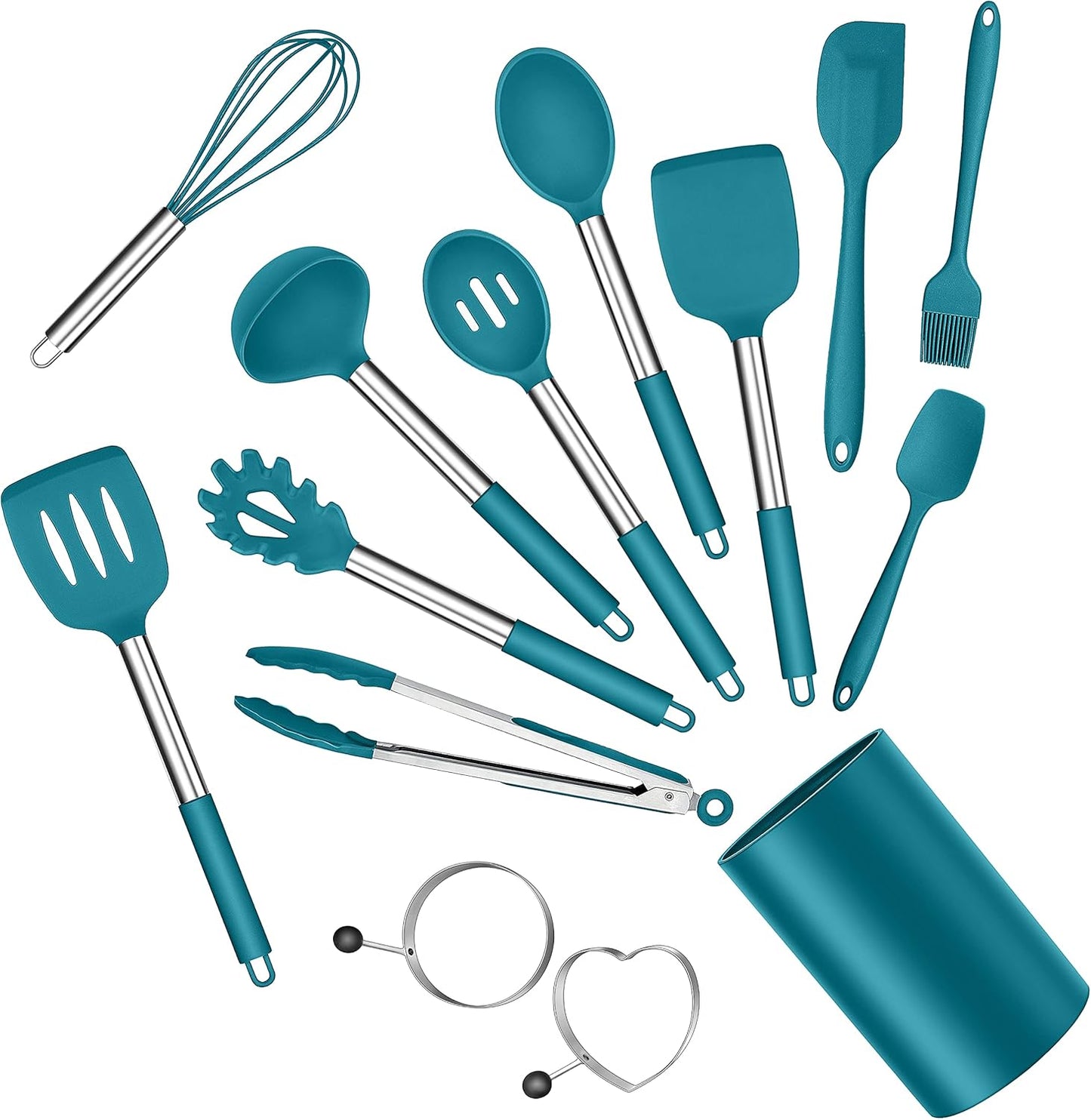 E-far Silicone Cooking Utensils Set, 7 Pcs Heat Resistant Kitchen Utensils with Stainless Steel Handle, Slotted Turner, Spoon, Soup Ladle, Pasta Server, Skimmer, Tongs for Nonstick Cookware, Black