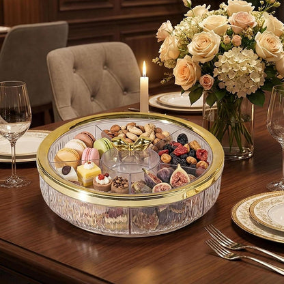 Divided Serving Tray Snack Platter Rotating 6 Compartments Dustproof Nuts Storage Platter Dessert Plate for Home Living Room, rose golden ball