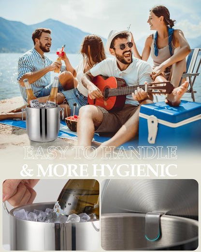 Insulated Ice Bucket, 3L Double Wall Stainless Steel Ice Bucket with Tongs,Lid, Scoop and Strainer, Ice Buckets for Parties,Cocktail Bars, Chilling Beer, Champagne, Wine Bottles