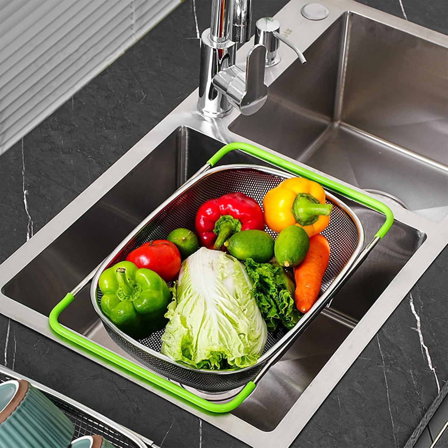 TENTA TENTA KITCHEN Premium Quality Over The Sink Stainless Steel Oval Small Colander with Fine Mesh 2.5 Quart Strainer Basket & Expandable Rubber Grip Handles-Strain,Drain,Rinse Fruits,Vegetables