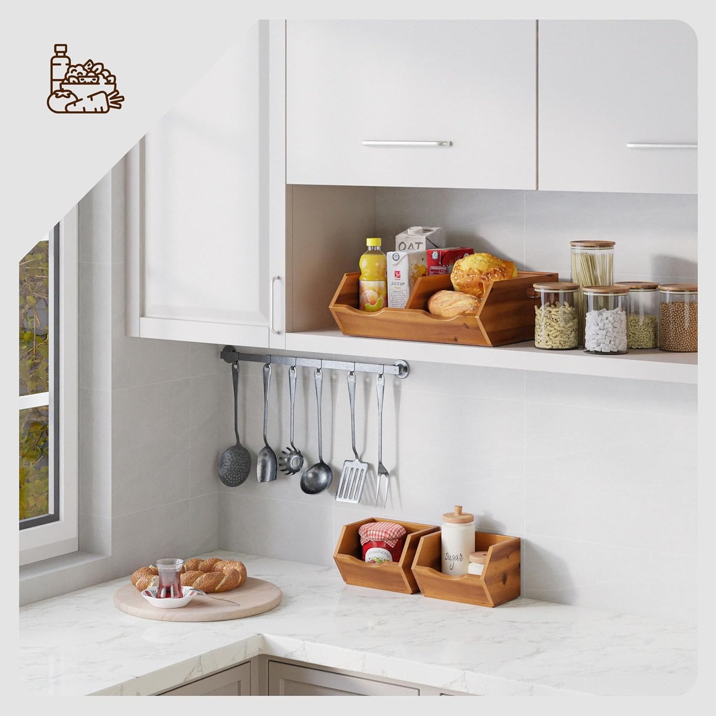 HOLANA Acacia Potato and Onion Storage Bin - Stackable Wooden Storage Bins - Pantry Baskets Organization and Storage - Onion and Potato Storage Bins for Kitchen Storage Organization