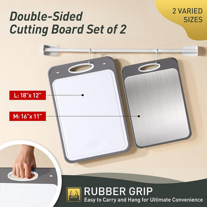 2 Packs Stainless Steel Cutting Board Set, Best Non Toxic Cutting Boards for Kitchen, Double Sided Metal Chopping Board for Meat/Fruit/Vegetables, Food Grade Kitchen Set Gift, [16”×11”+18”×12” Inch]