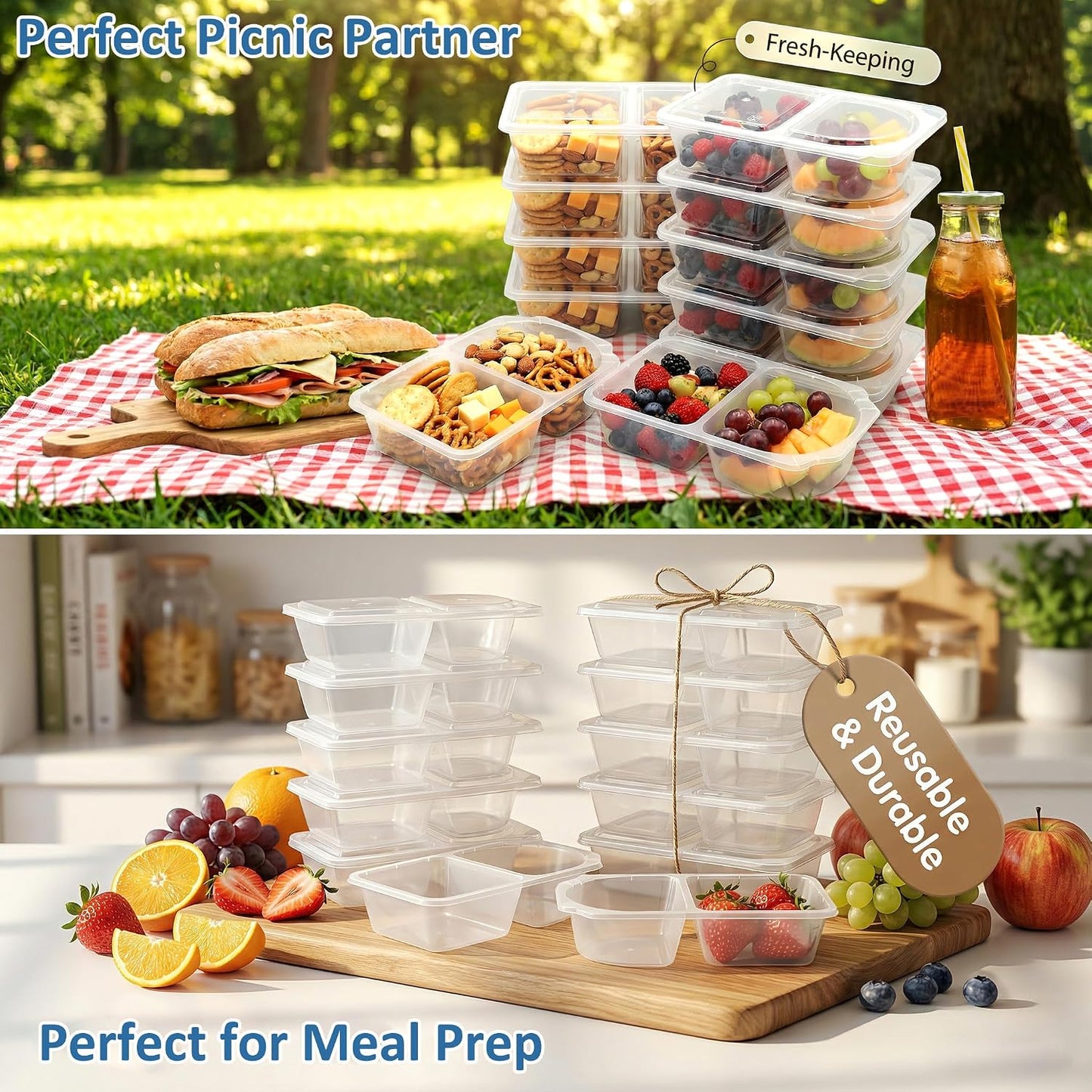 10 OZ Reusable Snack Containers with Lids & New Snack Pack Containers-Double Compartment Meal Prep Containers,Compartment Condiment Containers,Perfect for Bulk Meal Prep & On-the-Go (10 Sets)