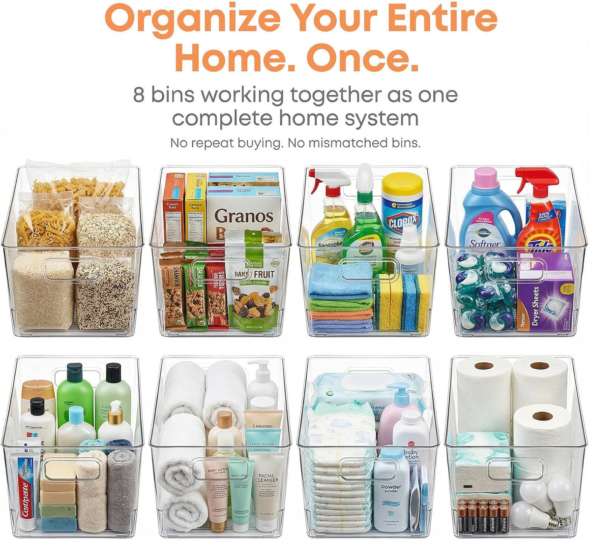 MOONEDGE 4 Pack Clear Plastic Organizer Bins, 2 Large & 2 Small Storage Set | Storage Bins for Pantry, Space-Saving Organizer Containers for Cabinets, Under-Sink, Bathroom, Kitchen, Freezer, Home Storage