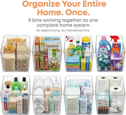 MOONEDGE 4 Pack Clear Plastic Organizer Bins, 2 Large & 2 Small Storage Set | Storage Bins for Pantry, Space-Saving Organizer Containers for Cabinets, Under-Sink, Bathroom, Kitchen, Freezer, Home Storage