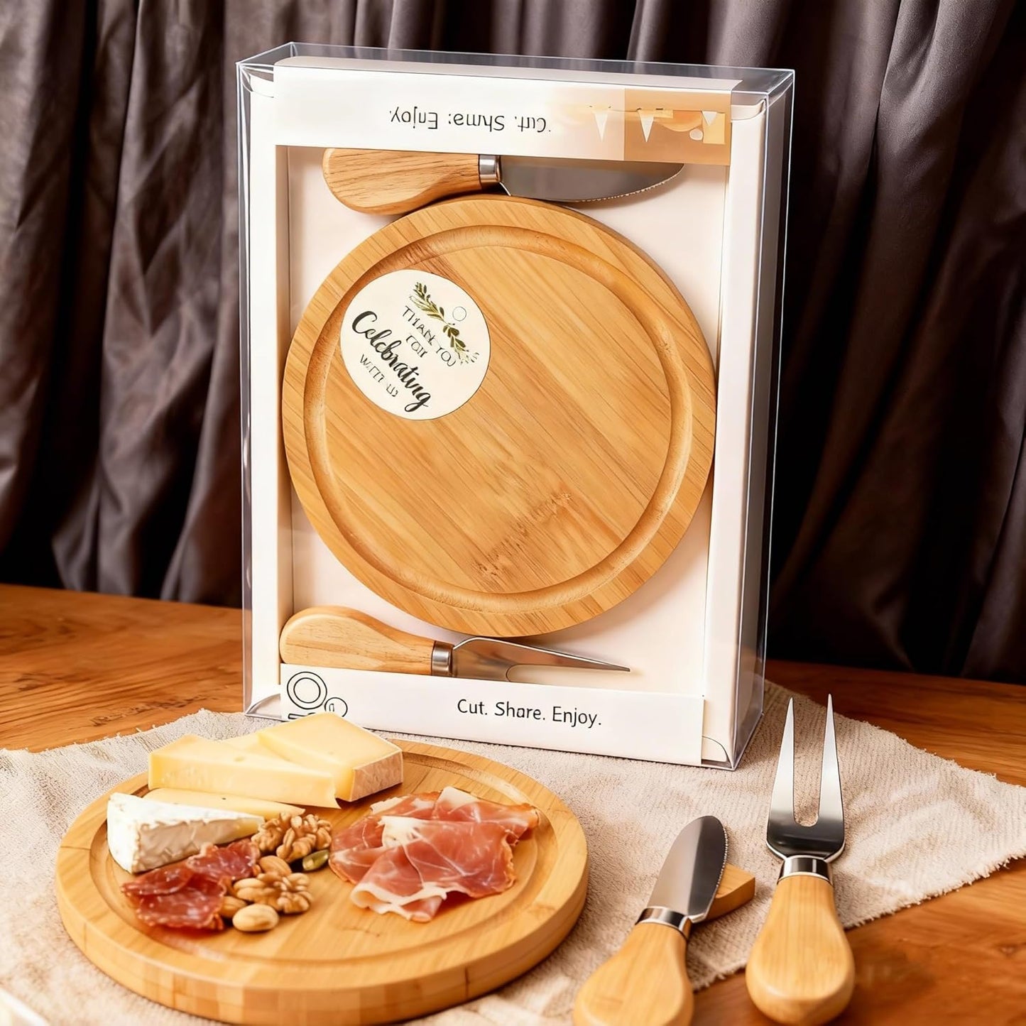 Upgraded storage-ready Small Cheese Board Set & Dessert Plate with Knife & Fork, 1-Pack 6-Inch Personal Charcuterie Tray, Bamboo, Gift-ready for Wedding, Bridal & Baby Shower Party