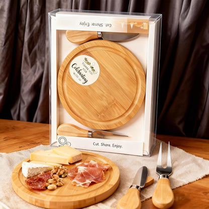 Upgraded storage-ready Small Cheese Board Set & Dessert Plate with Knife & Fork, 1-Pack 6-Inch Personal Charcuterie Tray, Bamboo, Gift-ready for Wedding, Bridal & Baby Shower Party