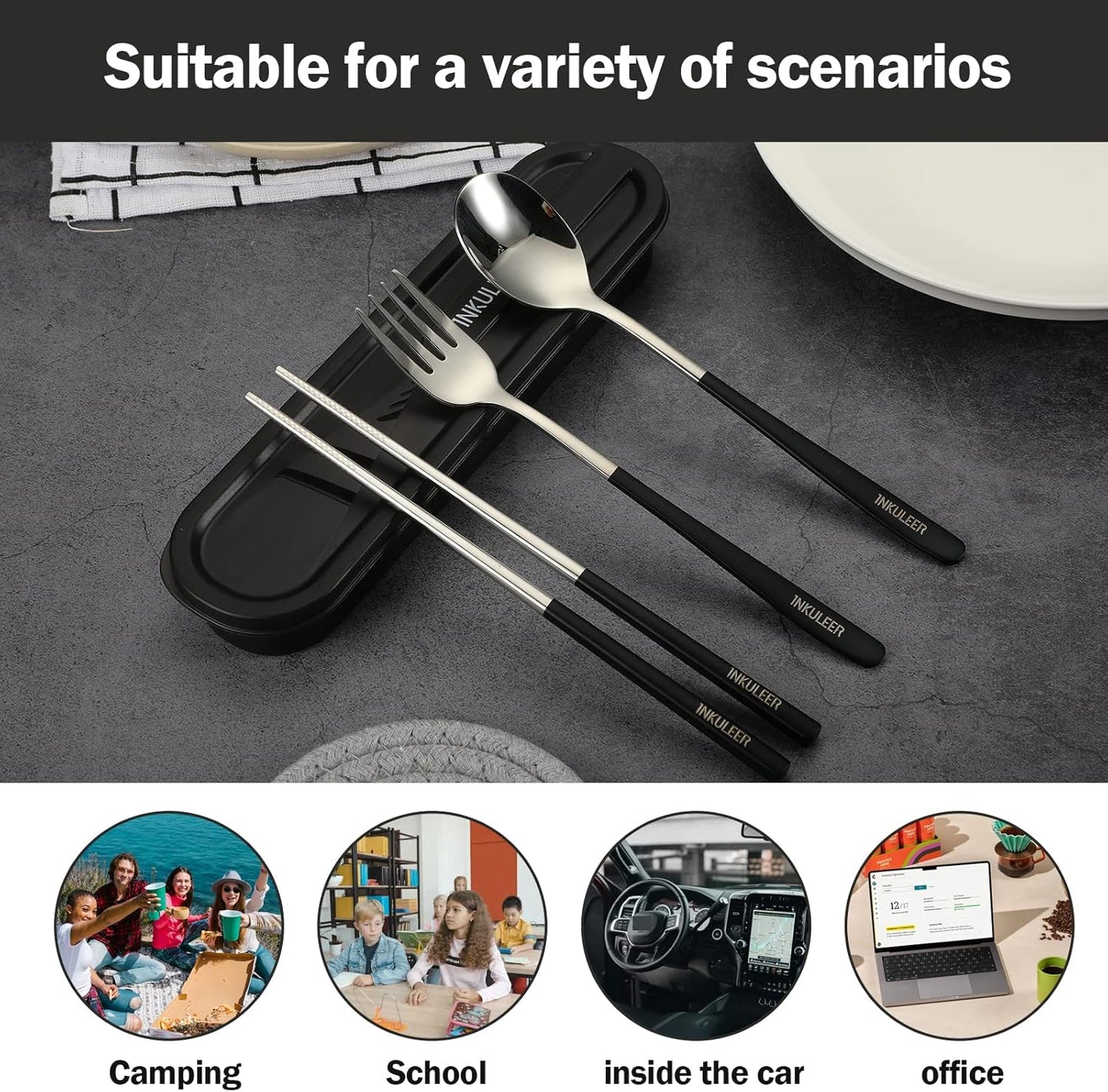 iNKULEER Travel cutlery set, 18/8 stainless steel cutlery, Reusable utensils set with case, Portable Silverware Lunch Box for Camping and Office (Pink)
