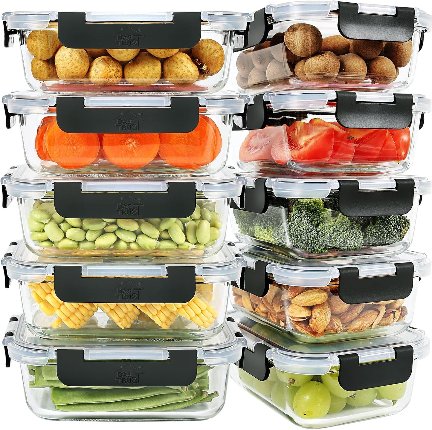 DAS TRUST 10 Pack Glass Meal Prep Containers Meal Prep Bowls Food Storage Containers Glass Food Prep Containers with Lids Lunch Container for Adults Lunch Box Bento Boxes