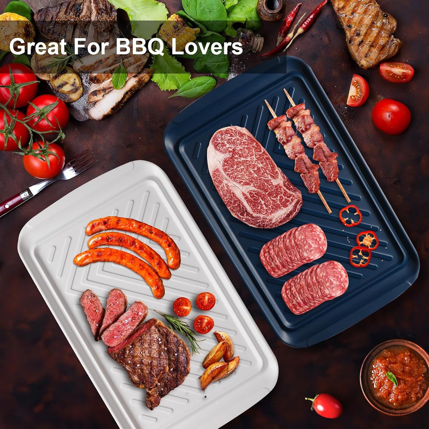 LEHAHA Grilling Prep Trays, Melamine BBQ Prep and Serving Platters and Tray for Outdoor Entertaining, Large Food Serving Trays, Set of 2, 17.2" x 10.5",Great for Grilling Lovers,Black and Red