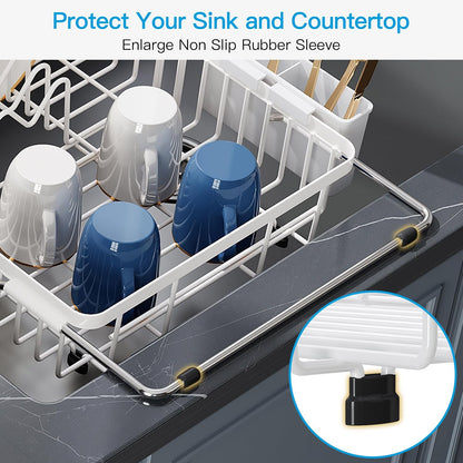 JASIWAY Dish Drying Rack in Sink, Expandable Stainless Steel Dish Drainers for Kitchen Counter, Dish Dryer Rack for Inside Sink, Over The Sink Dish Racks with Utensil Holder, Silver