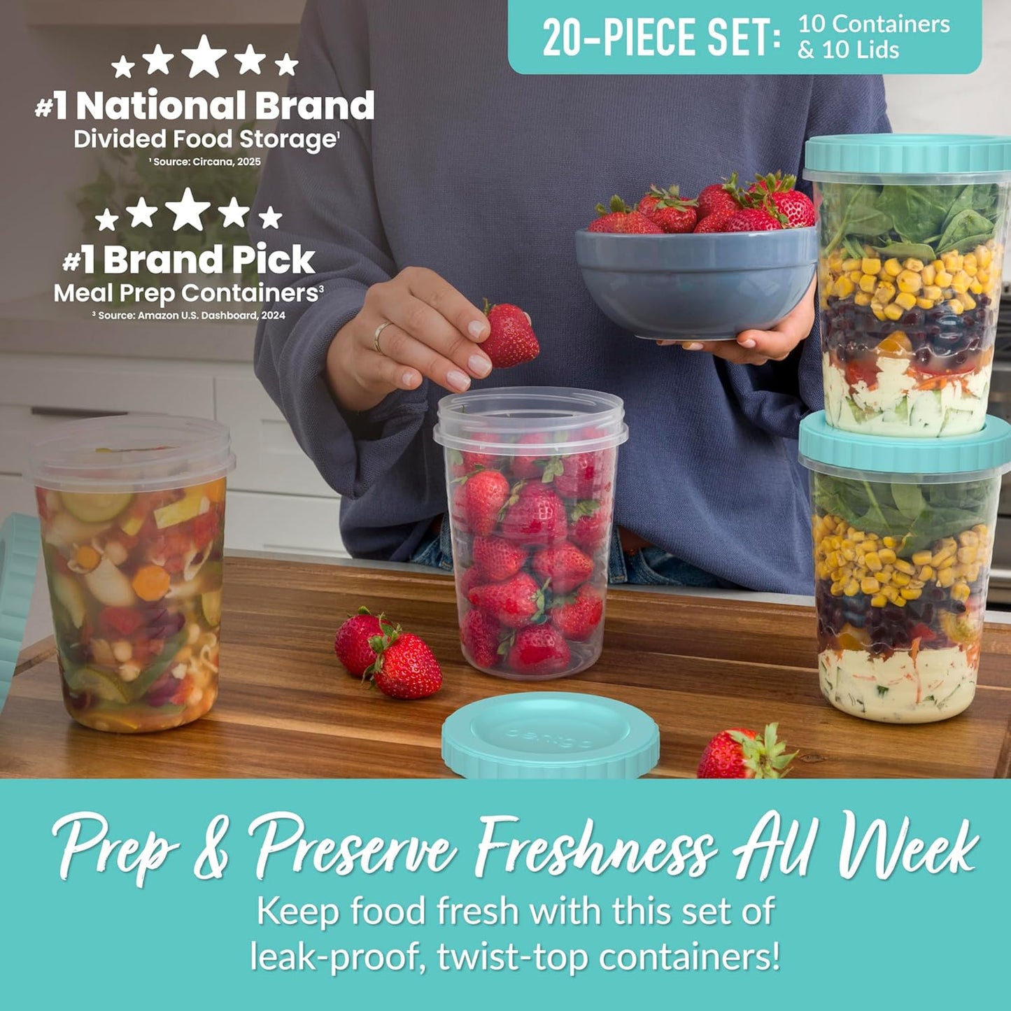 Bentgo Prep - 20 Piece 32 fl oz Leak-Proof Deli Containers with Lids, Food Storage for Meal Prep, Twist-Top, Reusable, PFAS & BPA-Free, Stackable, Microwave, Freezer & Dishwasher Safe (Aqua Splash)