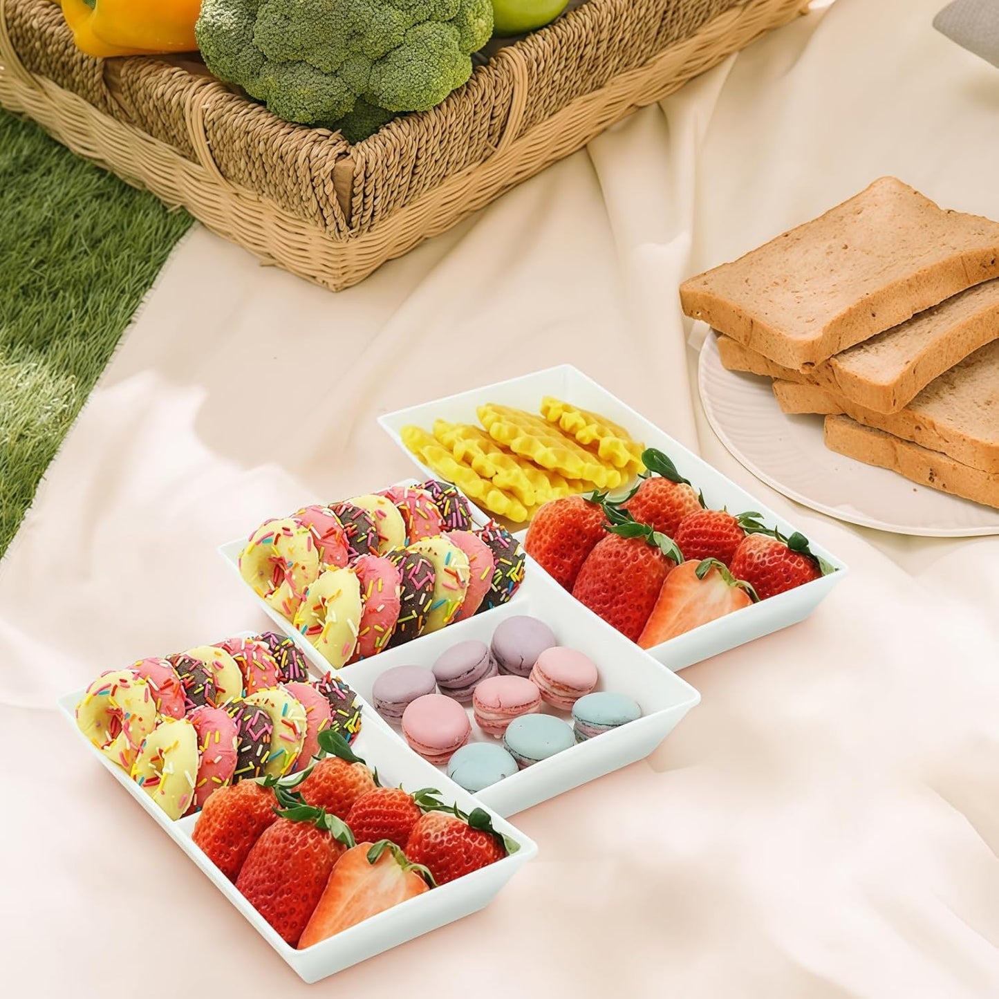 Divided Serving Tray Platter, 4 Pack 15" x 10" Fruit Veggie Food Tray for Party, Plastic Serving Trays for Appetizer, Snack, Dessert, Cookie, Brunch Decorations Platters, White Trays BPA-Free