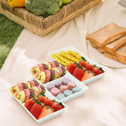 Divided Serving Tray Platter, 4 Pack 15" x 10" Fruit Veggie Food Tray for Party, Plastic Serving Trays for Appetizer, Snack, Dessert, Cookie, Brunch Decorations Platters, White Trays BPA-Free