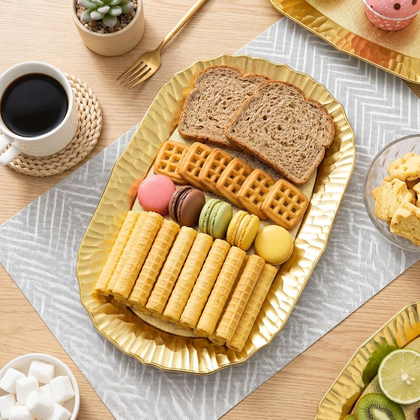 AVLA 6 Pack Plastic Serving Tray, Gold Serving Platter Set, Reusable Party Snack Serving Tray, Decorative Food Appetizer Platters for Dessert Table, Cupcake, Charcuterie, Cookies, 14" x 8.5"