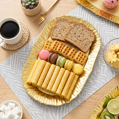 AVLA 6 Pack Plastic Serving Tray, Gold Serving Platter Set, Reusable Party Snack Serving Tray, Decorative Food Appetizer Platters for Dessert Table, Cupcake, Charcuterie, Cookies, 14" x 8.5"