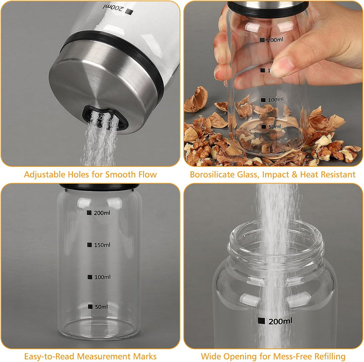 Accmor Salt Pepper Shakers with Adjustable Holes, Glass Spice Shaker Seasoning Cans for Kitchen, Home Restaurant Farmhouse BBQ Camping