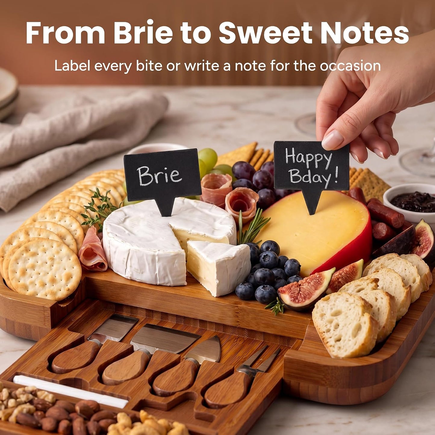 SMIRLY Charcuterie Large Bamboo Cheese Board Set for Serving - House Warming Gifts for New Home, Wedding, Bridal Shower & Birthday, for Women