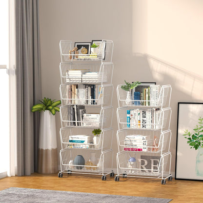 PUSDON 4-Tier Spacious Stackable Wire Storage Baskets with Wheels, Metal Rolling Utility Cart Organizer, Fruit and Vegetable Produce Basket for Kitchen Pantry, Everyday Bathroom Shelf, Silver Grey