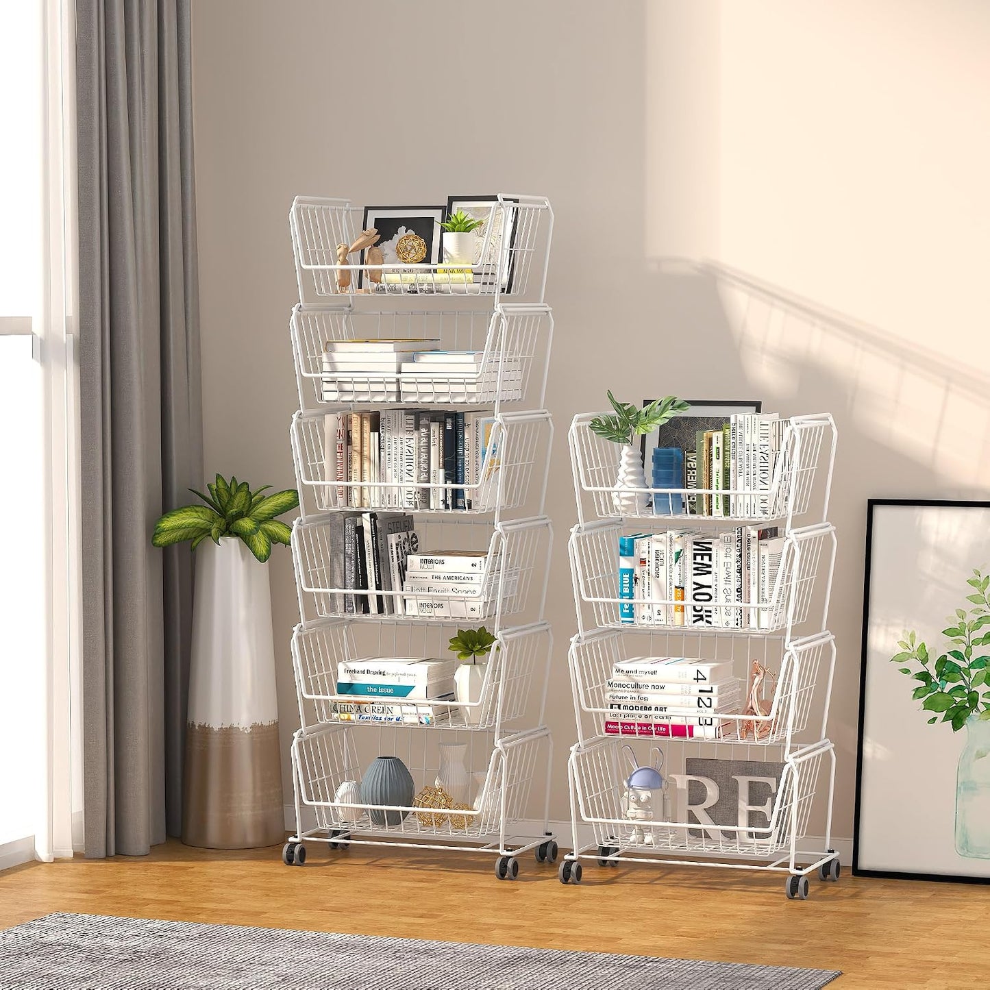 PUSDON 4-Tier Spacious Stackable Wire Storage Baskets with Wheels, Metal Rolling Utility Cart Organizer, Fruit and Vegetable Produce Basket for Kitchen Pantry, Everyday Bathroom Shelf, Silver Grey