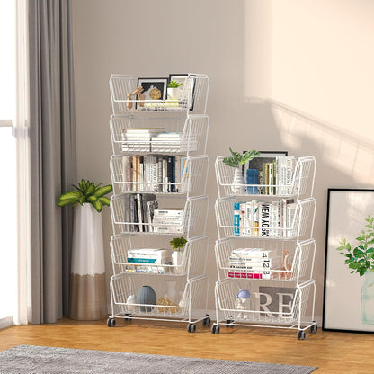 PUSDON 4-Tier Spacious Stackable Wire Storage Baskets with Wheels, Metal Rolling Utility Cart Organizer, Fruit and Vegetable Produce Basket for Kitchen Pantry, Everyday Bathroom Shelf, Silver Grey