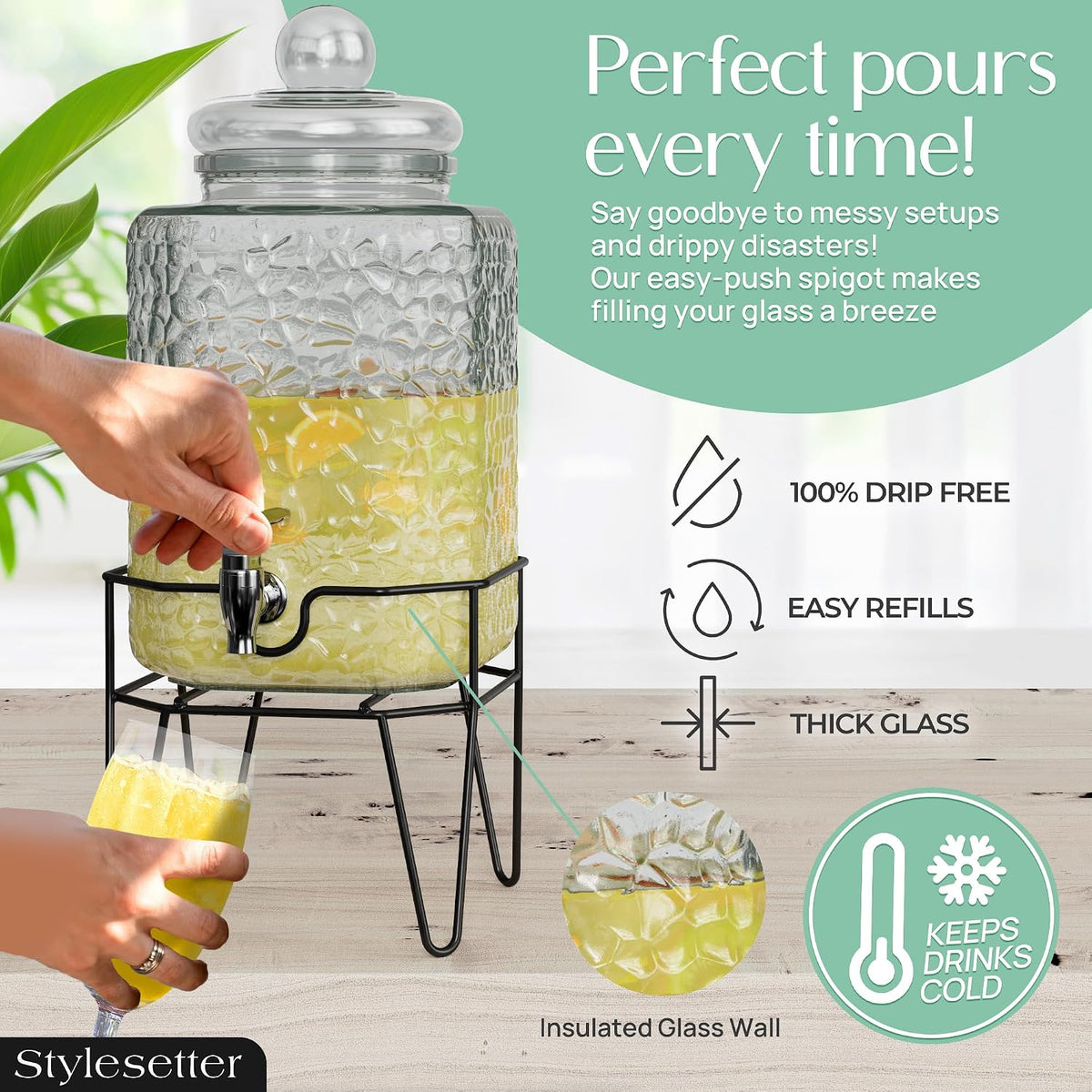 Style Setter Premium Glass Drink Beverage Dispensers - 1.5 Gal, Set of 3 | Dispenser Set with Metal Stand for Parties Cold Drinks, Lemonade, Cocktails, Juice – Party Glass Drink Dispenser Station