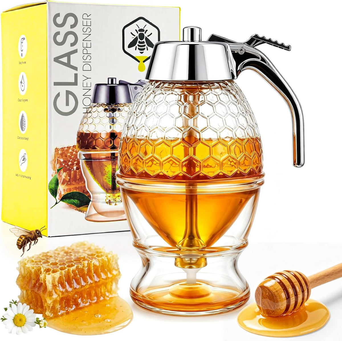 Honey Dispenser No Drip Glass 8 oz with Plastic Top, Beautiful Honeycomb Shaped Honey Jar with Stand - 6" Clear Container, Honey Pot, Maple Syrup Dispenser, Perfect Bee Decoration for Home Kitchen