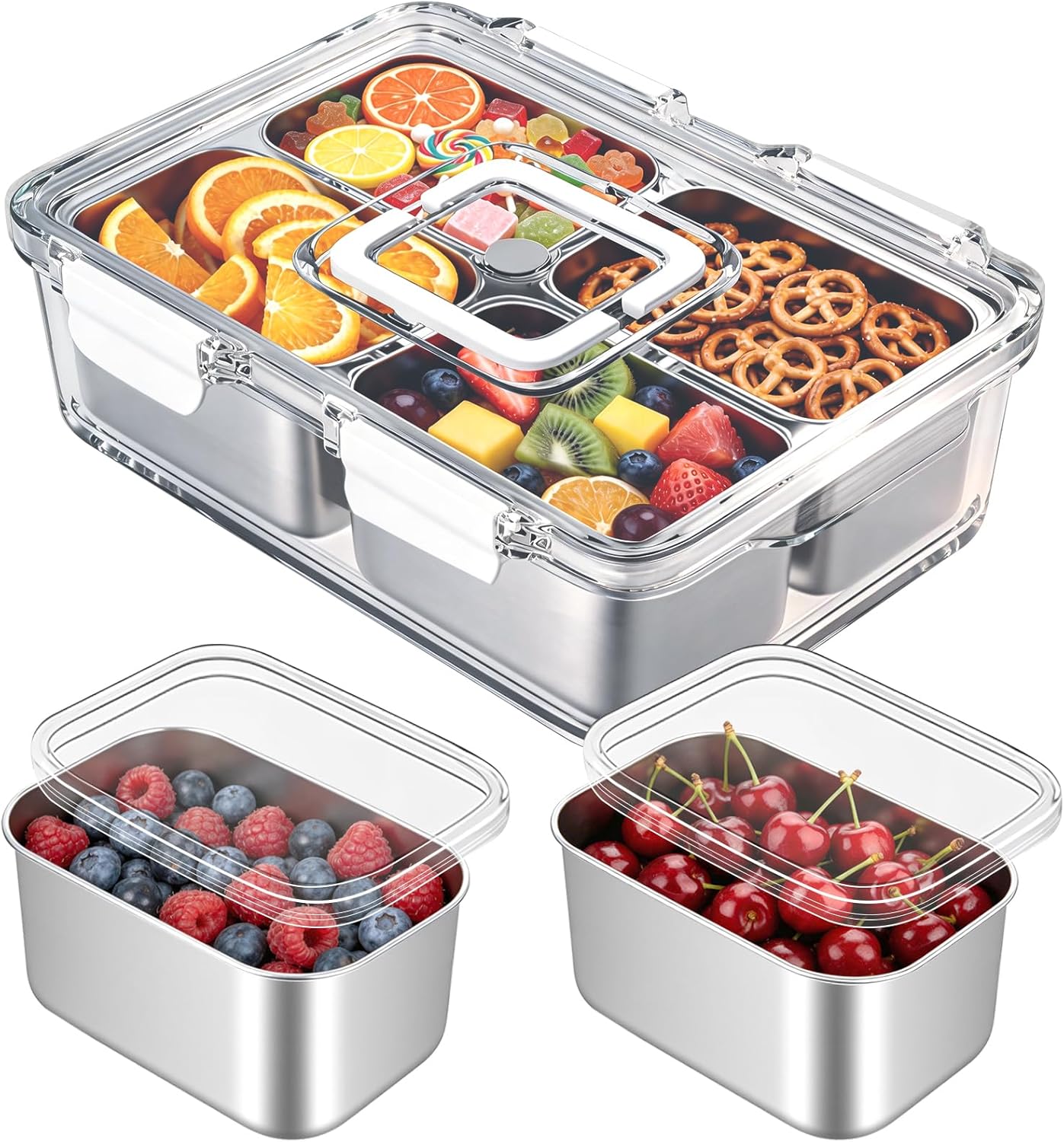 Snackle Box Container, Stainless Steel Divided Serving Tray with Lid and Handle, 8 Compartment Portable Snack Platters - Clear Storage Organizer for Fruit Candy Nuts Veggie - Perfect for Travel Party