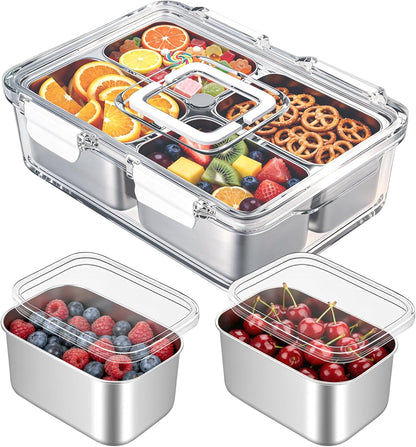 Snackle Box Container, Stainless Steel Divided Serving Tray with Lid and Handle, 8 Compartment Portable Snack Platters - Clear Storage Organizer for Fruit Candy Nuts Veggie - Perfect for Travel Party
