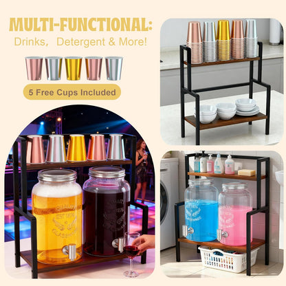 2PCS 1.5 Gallon Drink Dispenser - Glass Beverage Dispenser With Wood Stand and Leakproof Stainless Steel Spigot, Large Drink Dispenser for Parties, Lemonade, Iced Tea, Laundry Detergent Container