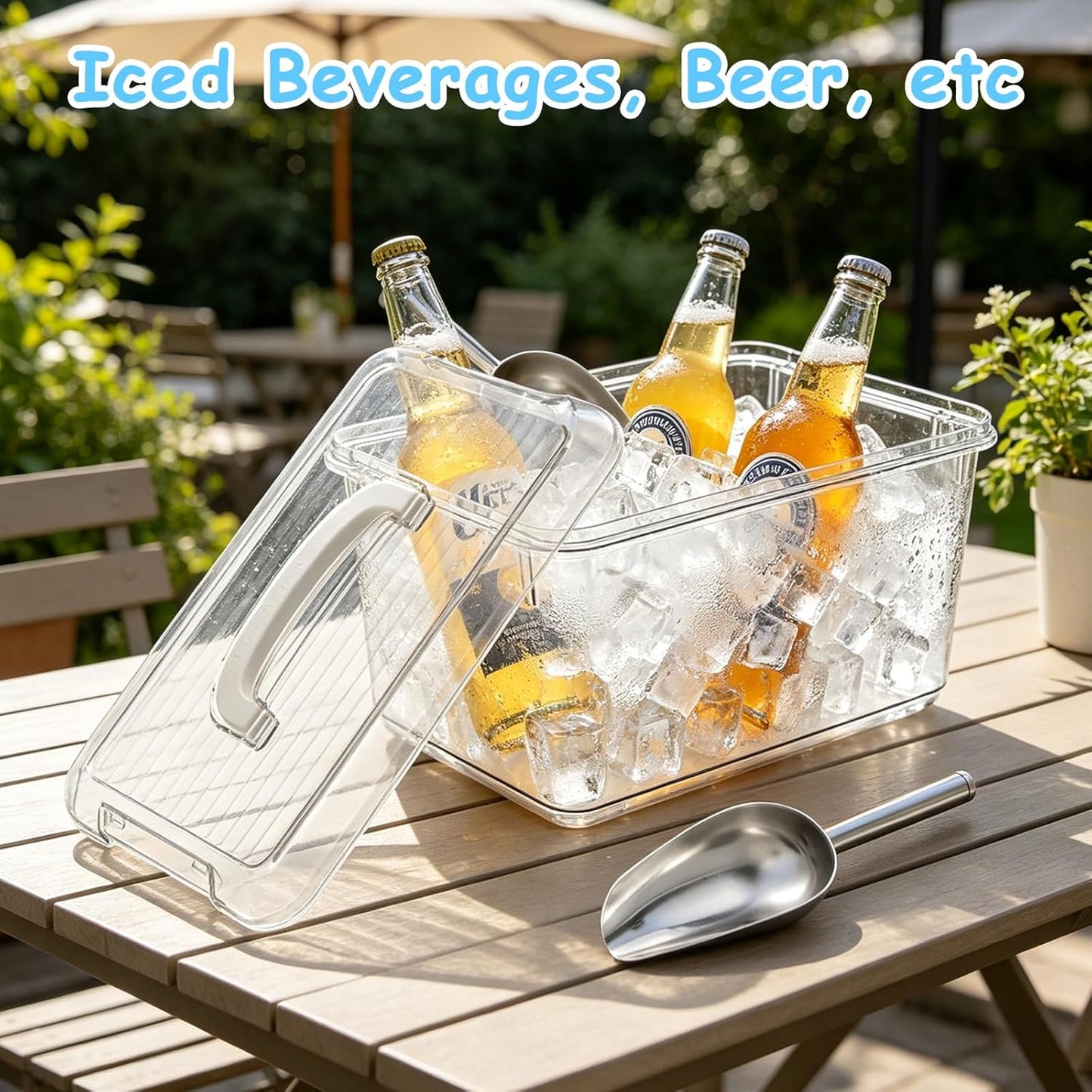 4 Pcs Portable Ice Bin and Metal Scoop Set,Ice Storage Bin for Freezer with Lid Ice Bucket for Cocktail Freezer Bar Party Barbeque Camping