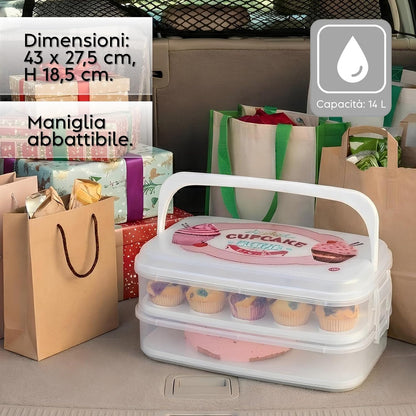Snips Cupcake Holder 14 Litres White | Double Decorated Container with Double Tray | Made in Italy | BPA-Free