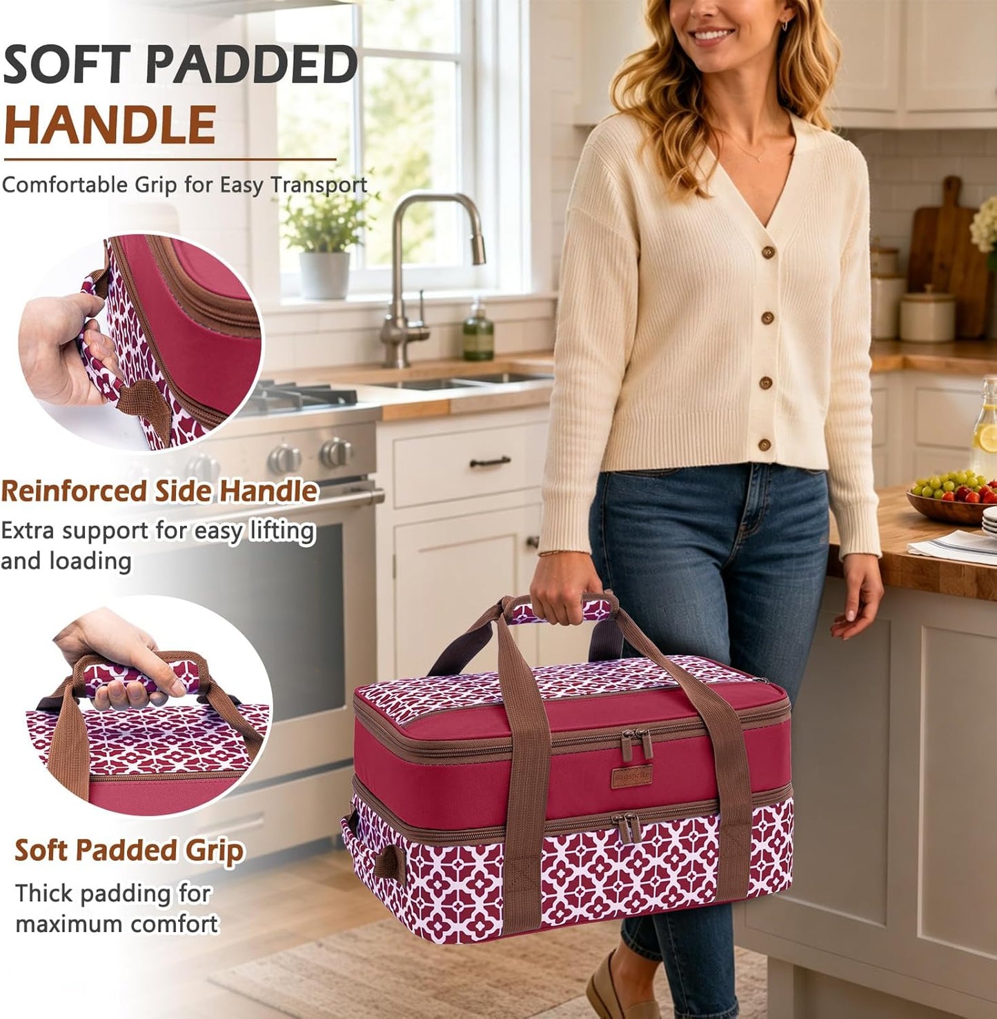 Double Layer Insulated Casserole Carrier, Fits 9" x 13" Baking Dish, Food Transport Carrier with Utensil Pocket for Hot & Cold Dishes, Reusable Potluck Tote for Thanksgiving, Parties&Family Gatherings