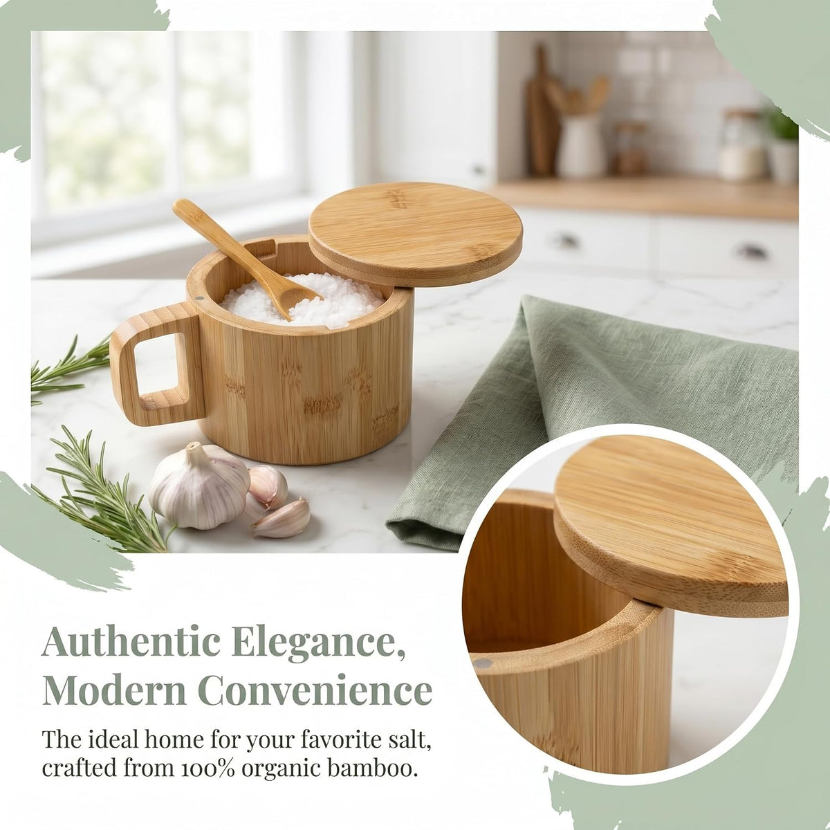 Bamboo Salt Cellar with Handle, 10oz Magnetic Swivel Lid & Spoon