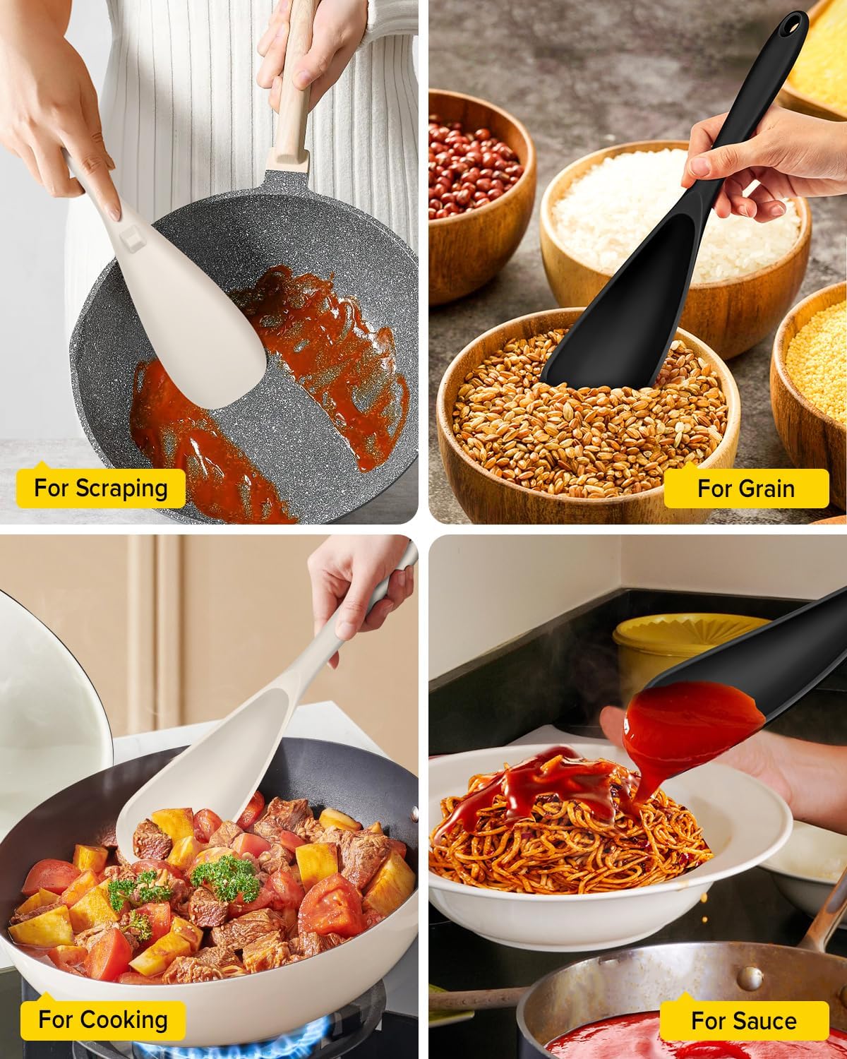 Pack of 2 Cooking Spoons for Non Stick Cookware, Multifunction Spatula Spoon BPA-Free, One-Piece Design, Suitable for Scooping, Scraping, Serving and Mixing(BLACK-GRAY)